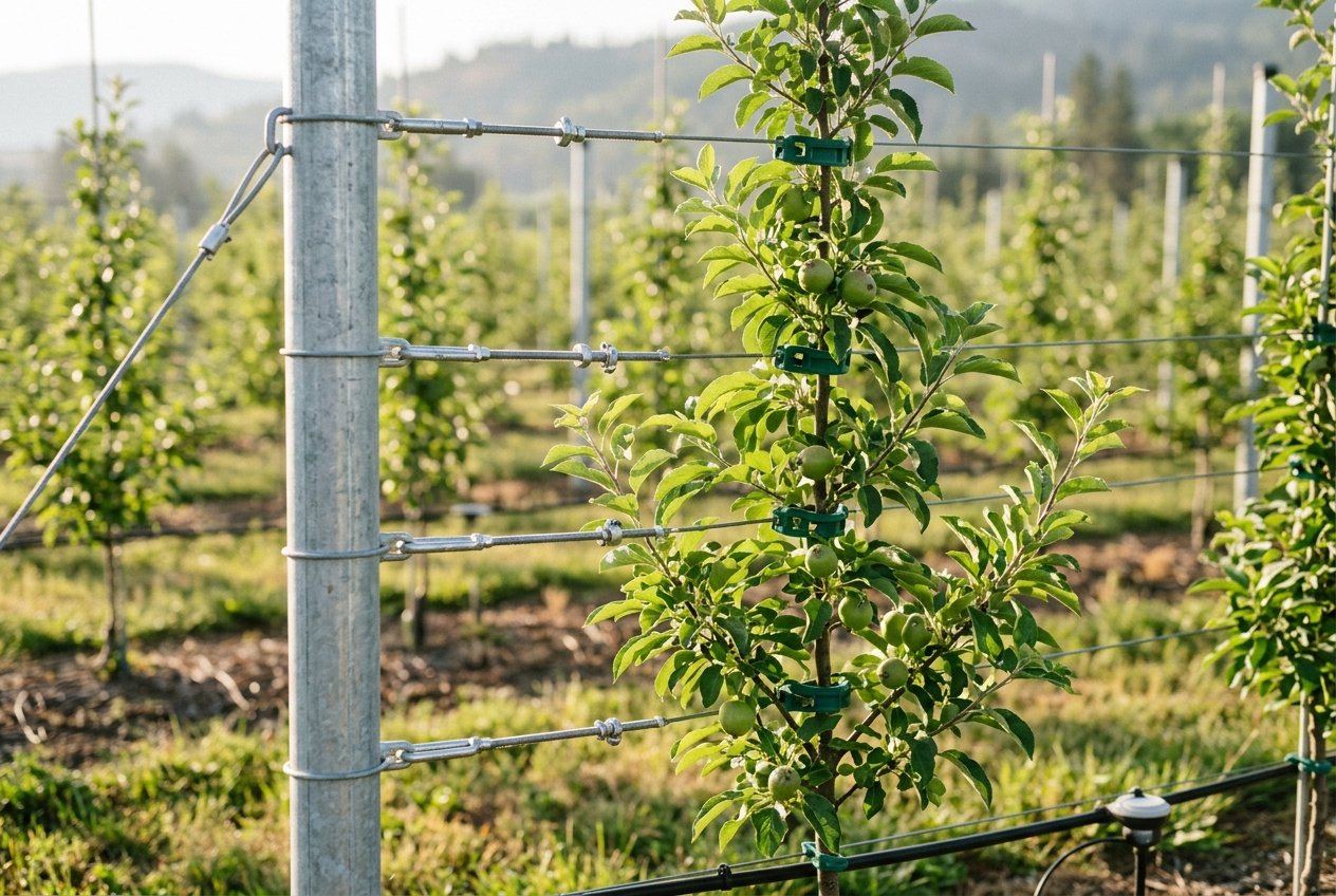 Modern trellis system in a high-density apple orchard